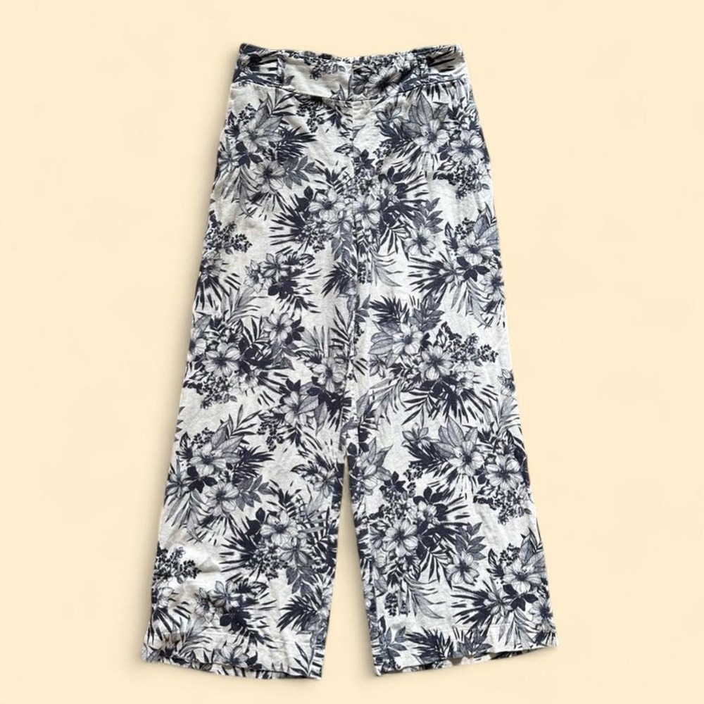 Beau Dawson Wide Leg Pants Large Navy White Tropical Floral Linen Blend Pockets - Picture 1 of 4